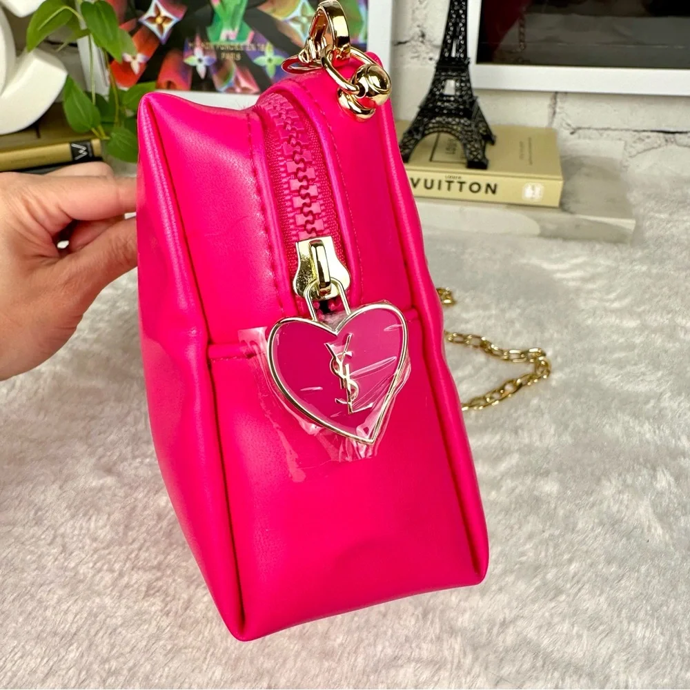 YSL Yves Saint Laurent Hot Pink faux leathe Beauty Pouch Wristlet bag wi… - Picture 5 of 10